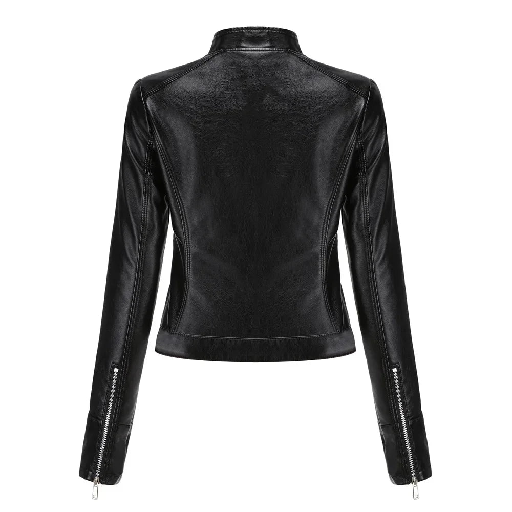 Spring Autumn Stand Collar Ladies Thin Leather Outerwear 2024 New Style Women's Leather Jacket Short Slim Fit