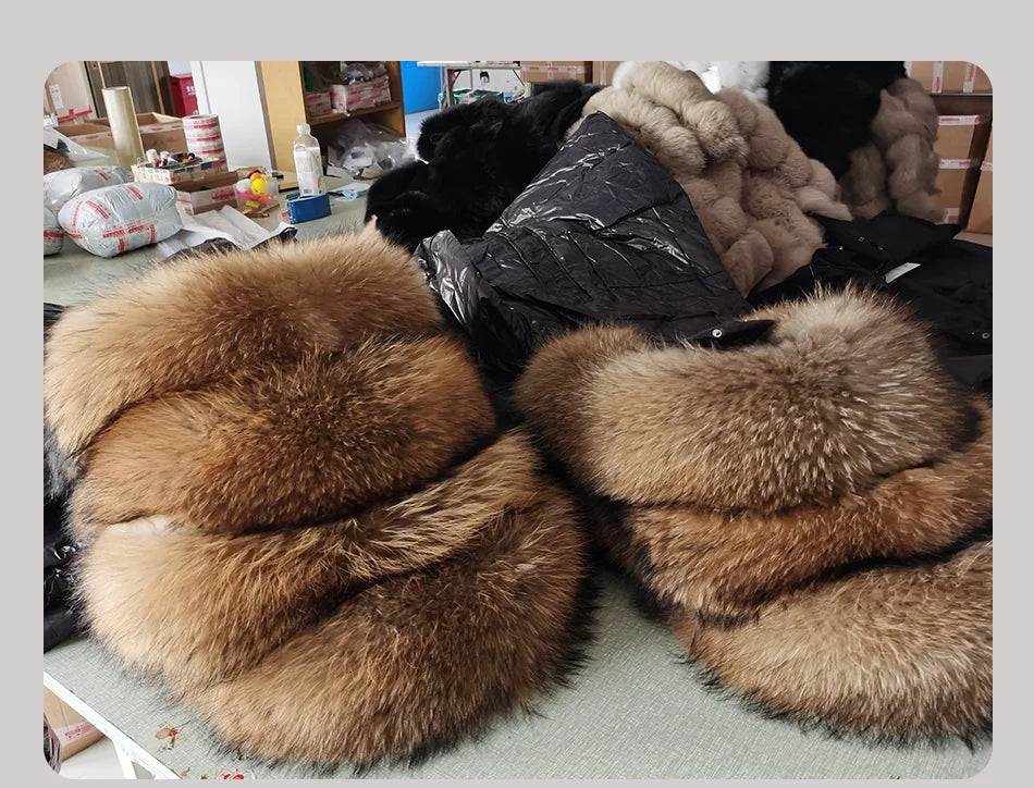 Amazony 2024- 2025 Women Winter Black Loose Long Down Jacket Real Fox Fur Collar Hooded Fashion Waterproof Female Extra Large Coat