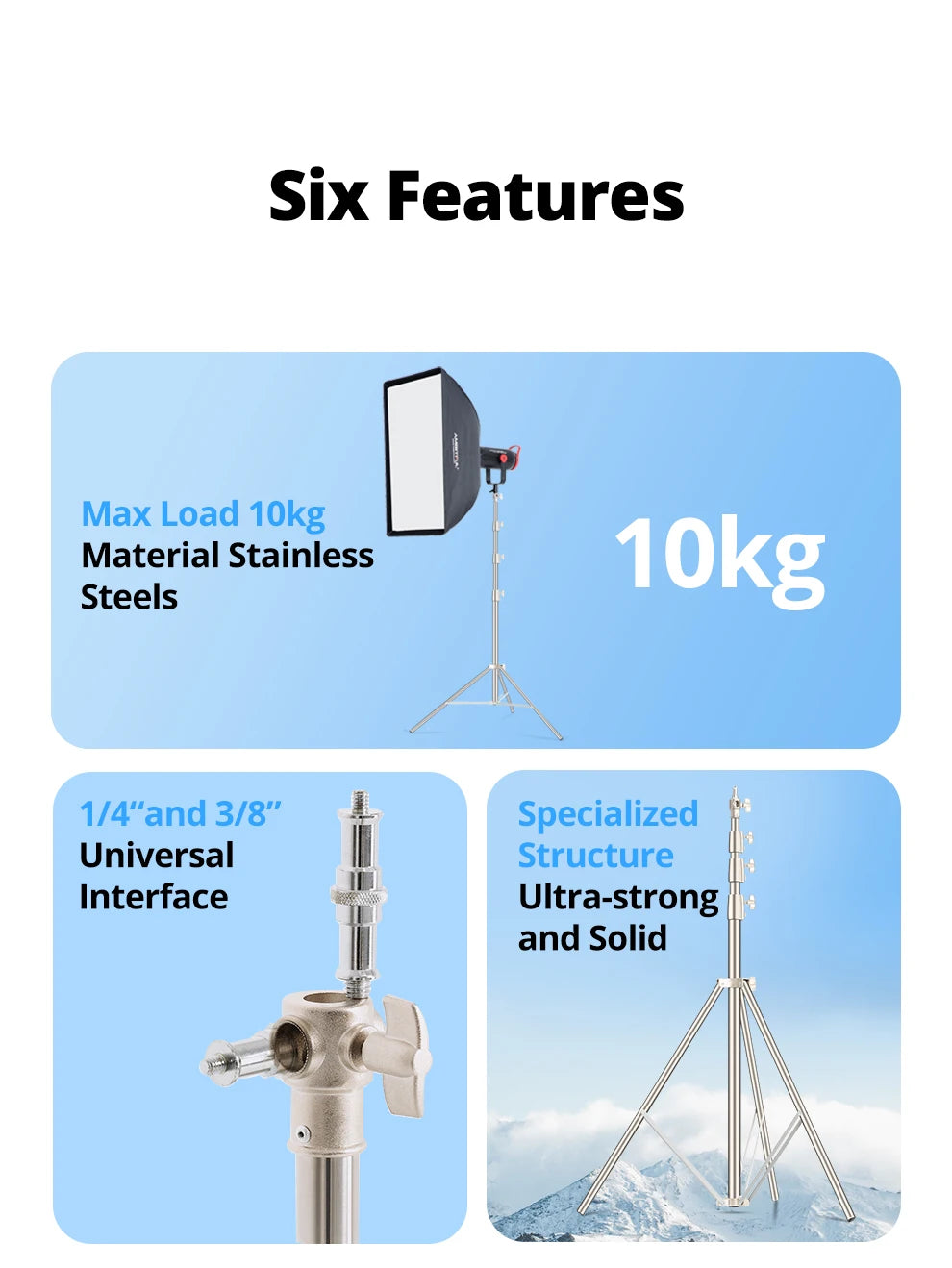 AMBITFUL 4M Stainless Steels Heavy Duty Light Stand Tripod 1/4 and 3/8 Screw Load 10KG for Studio Flash Softbox Continuous Light