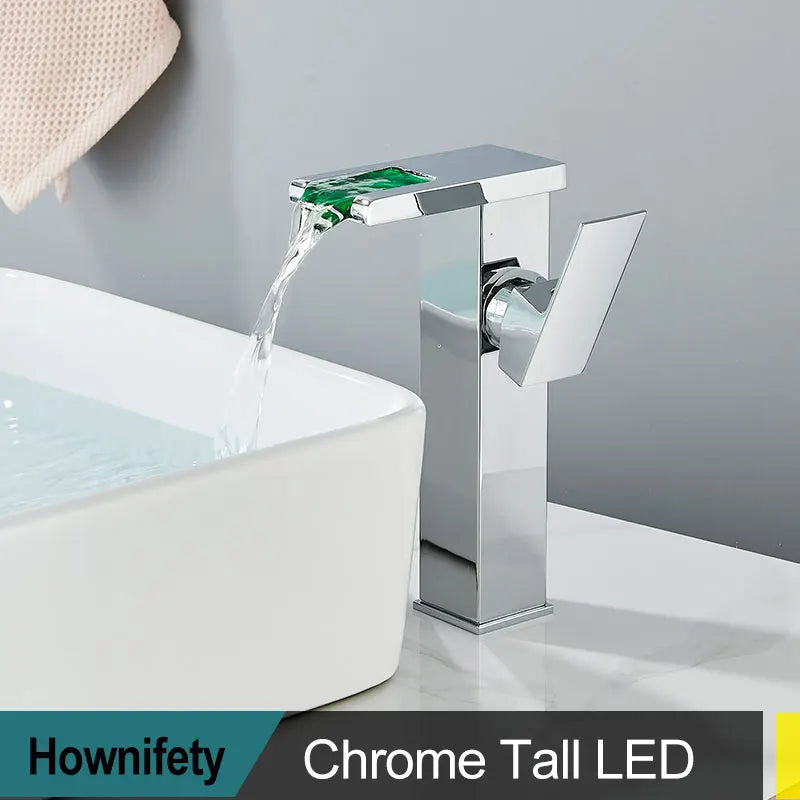 Brass LED Waterfall Bathroom Basin Faucet Deck Mount Cold Hot Water Mixer Crane Tap Short or Tall Tapware Water Flow Motor Free shipping