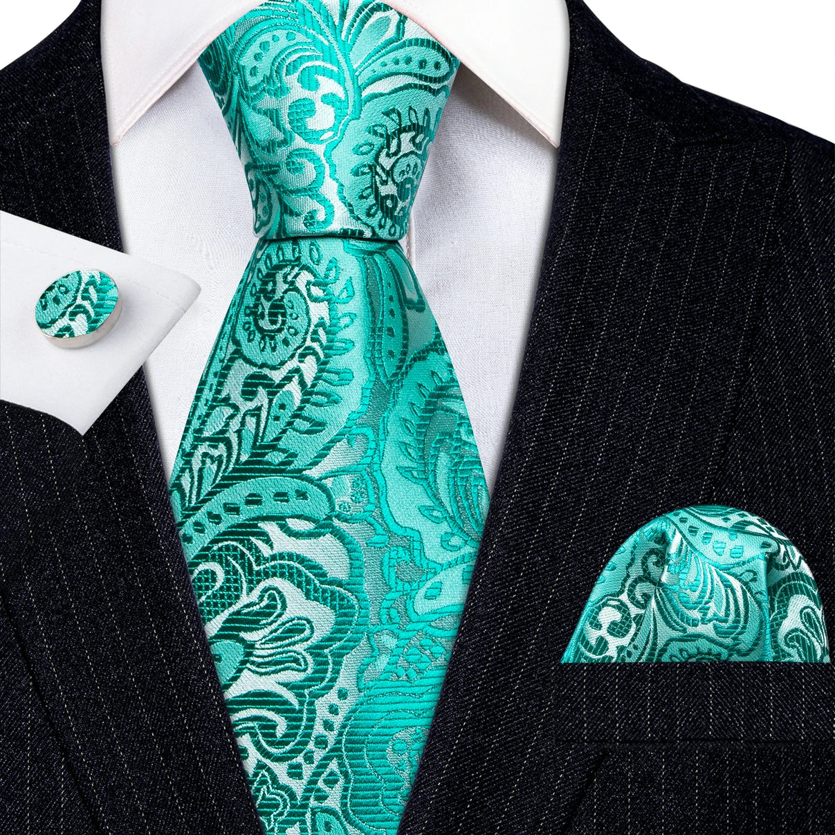 Amazony Epic Green Silk Mens Tie Hanky Cufflinks Set Mint Grass Teal Bottle Sage Pea Green Necktie For Male Wedding Business Party
