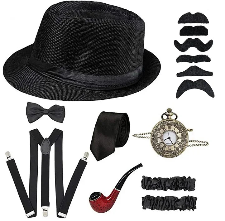 The Great Gatsby Cosplay Costume 1920s Mens Gangster Accessories Set Newsboy Hat Suspenders Armbands Tied Bowtie Drop Shipping30