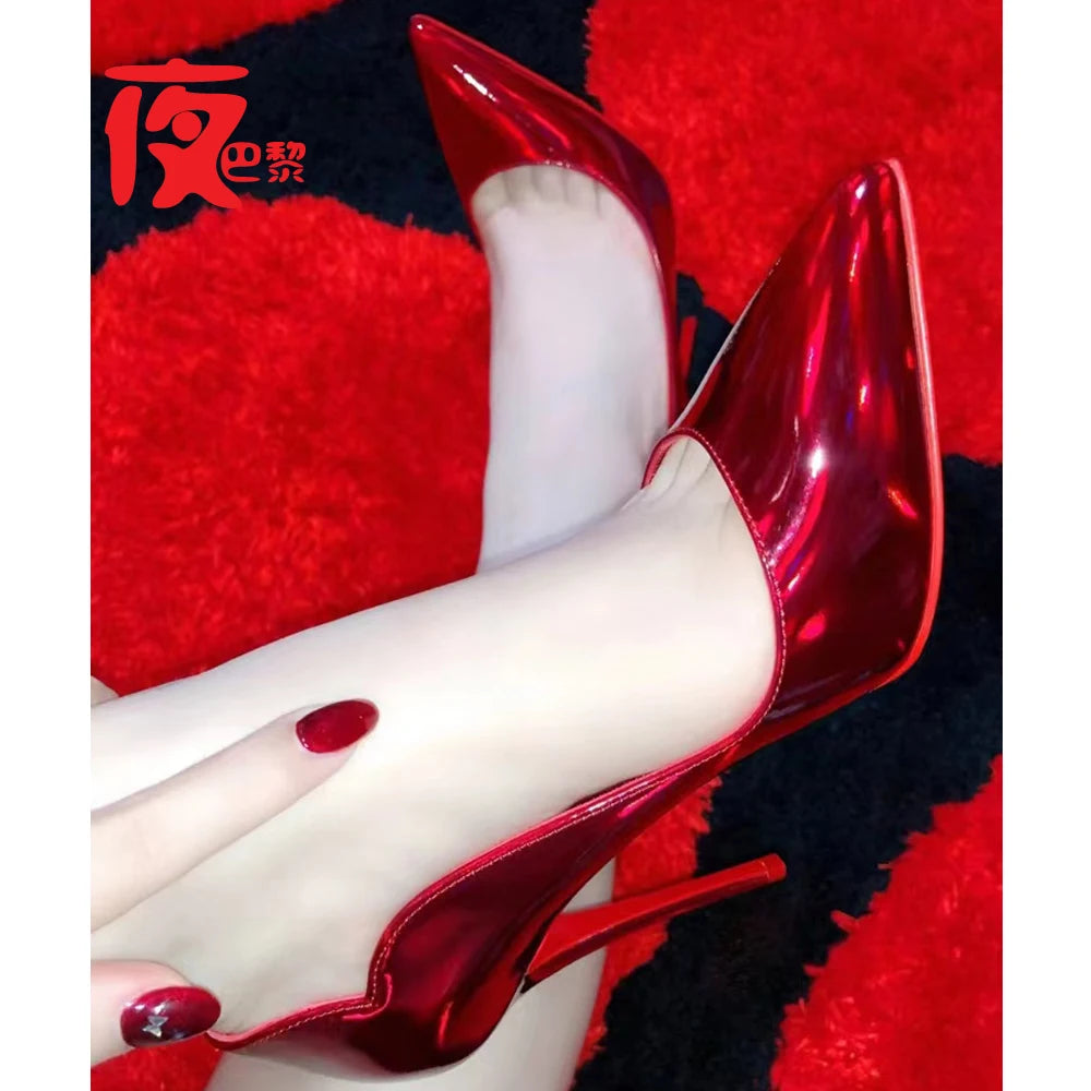 12CM New Wave Edge Shallow Mouth Pointed Shoes European and American Sexy Water Diamond Bottom Fine Heels