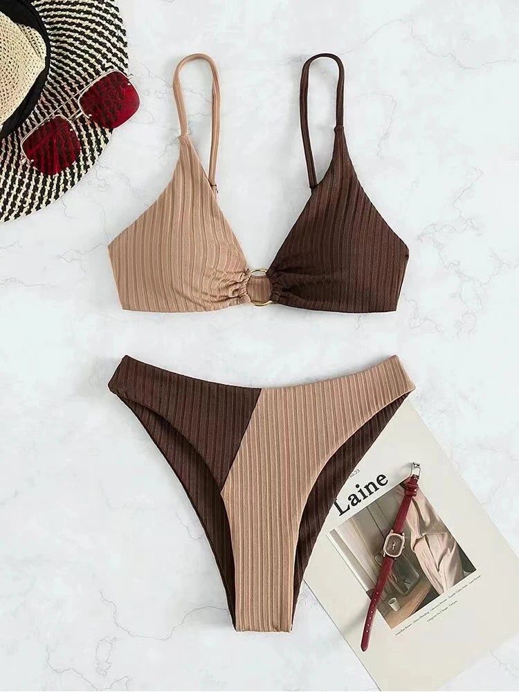 2024 Sexy Lady Contrasting Colors Swimwear Hollow Out Backless Holiday Bikini Set Two Piece Swimsuit Push Up Beach Bathing Suit