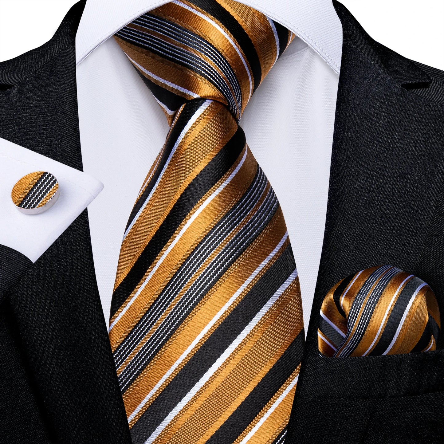 Brand New 2025 Mens Tie 100% Silk Classic Jacquard Woven 8cm Gold Yellow Formal Business Wedding Neck Tie Pocket Square Set Suit Cravat