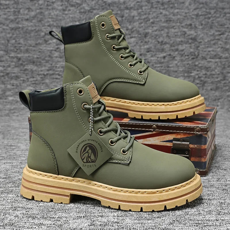 TINTINOS High Top Men Boots Fashion Motorcycle Ankle Boots for Men New Green Male Military Boot Winter Lace-Up Men's Shoes Botas Hombre