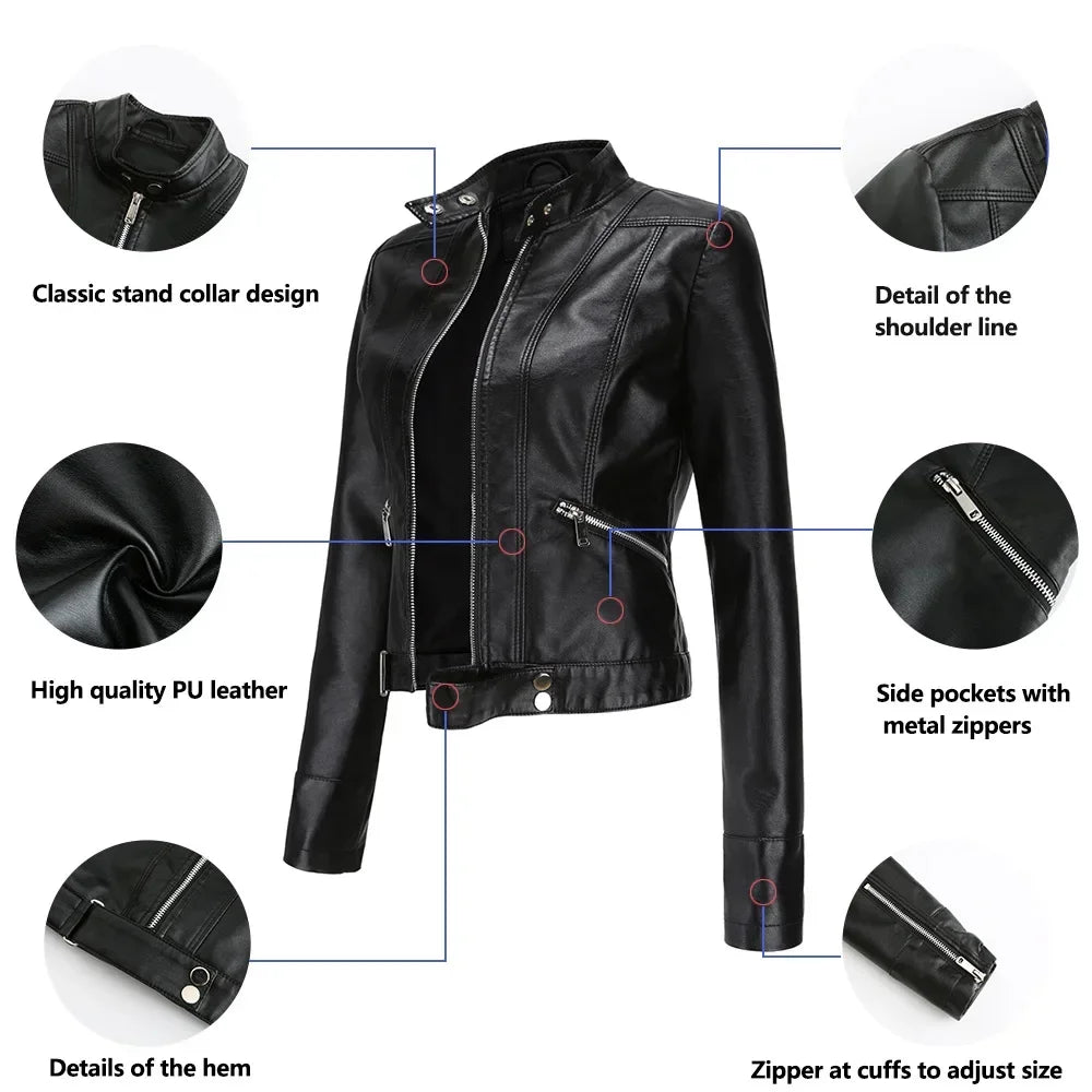 Spring Autumn Stand Collar Ladies Thin Leather Outerwear 2024 New Style Women's Leather Jacket Short Slim Fit