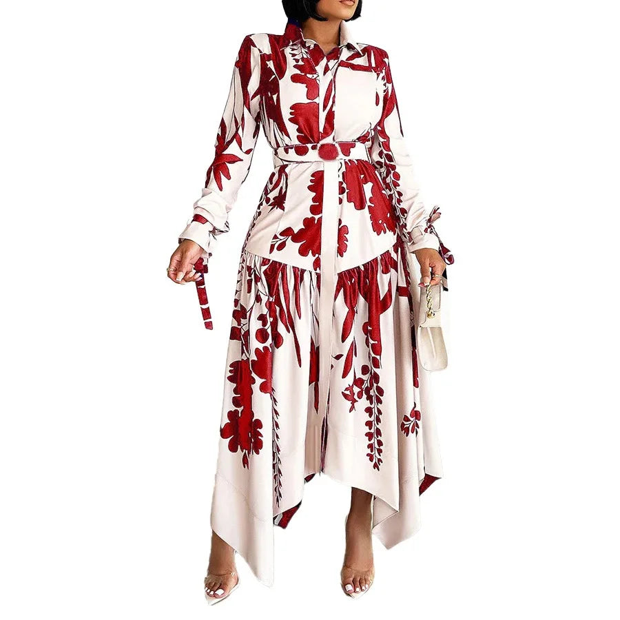 Brand New collections 2024-2025 Elegant Shirts Dresses for Women Printed Turn Down Collar Full Sleeve Belt Waisted Asymmetric Fashion Ladies Birthday Vestidos