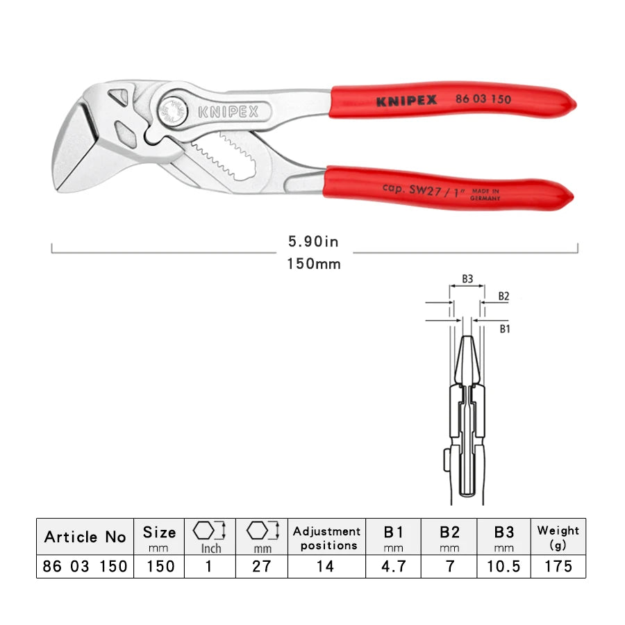 KNIPEX Pliers Wrench Chrome Plated Adjustable Plumbing Plier 8603125 8603150 8603180 8603250 8603300 8603400