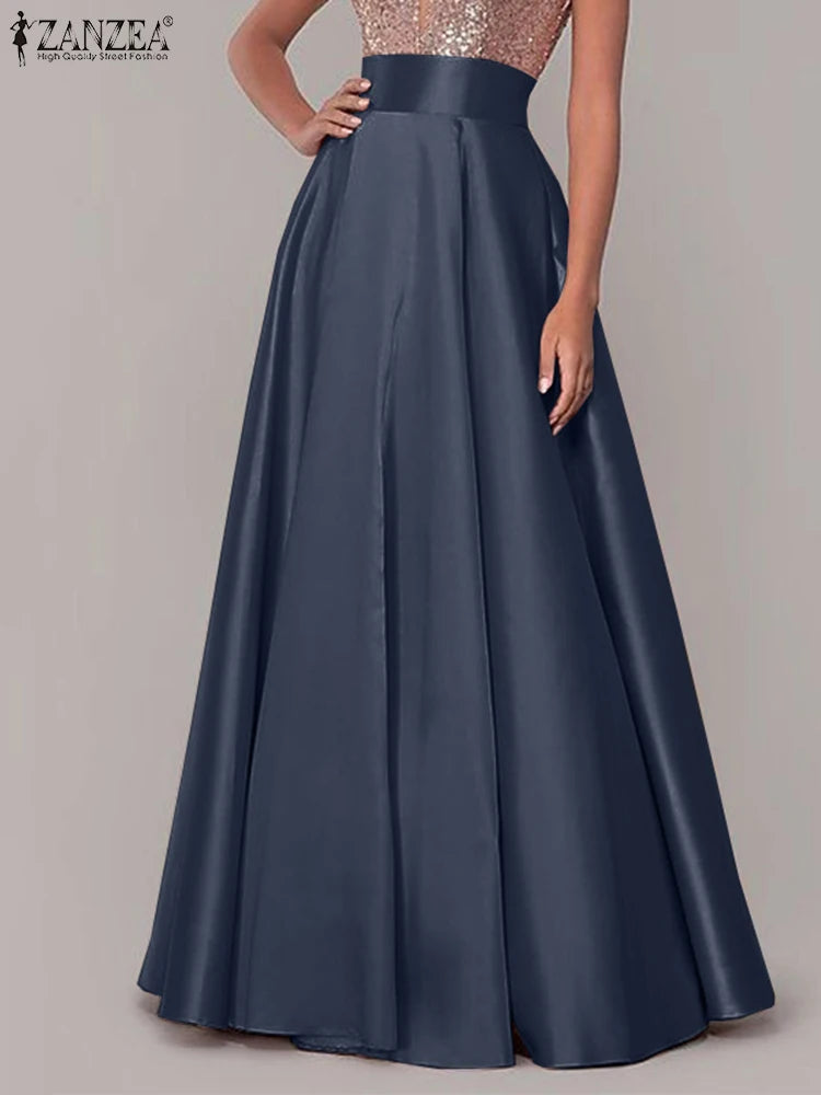 ZANZEA Women High Waist Maxi Skirts 2024 New Casual Loose Party Sundress Femme Long Silk Satin Skirt Faldas Saia Vestidos Robe