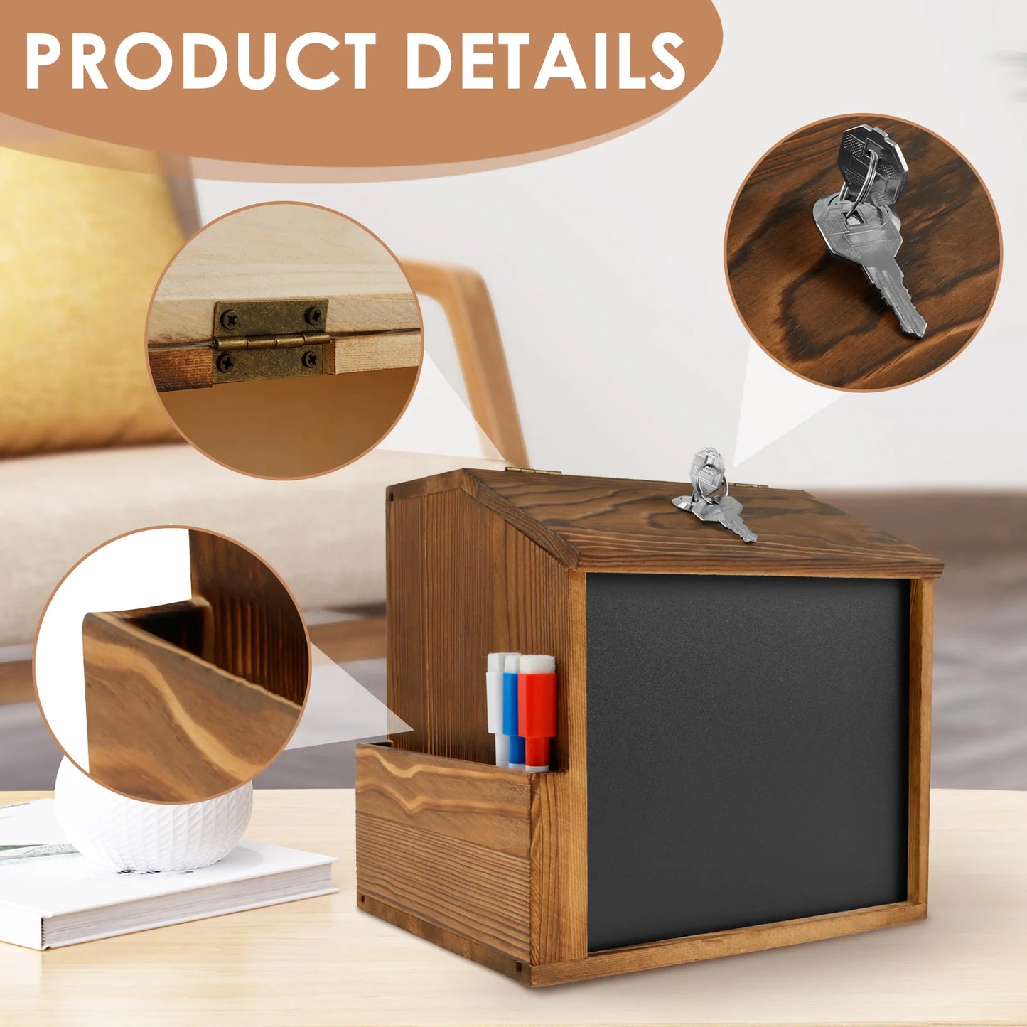 Wood Suggestion Box Wall Mounted Ballot Box Vintage Donation Box with Slot, Lock,Chalkboard Multifunctional for Church Wedding