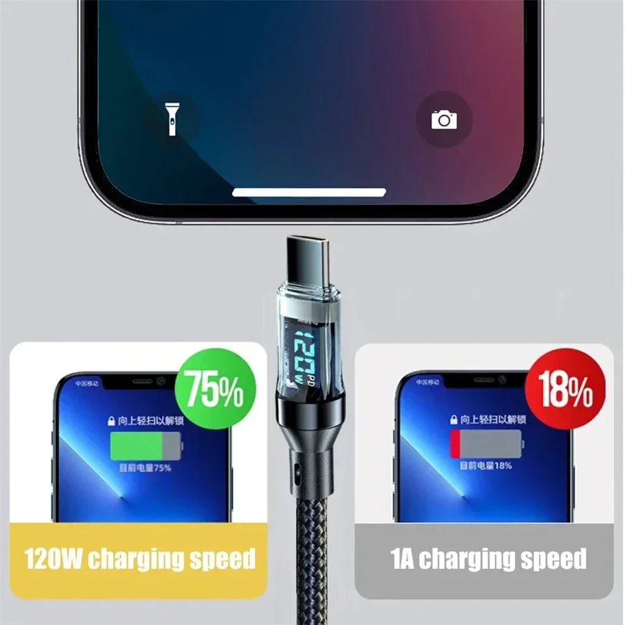 1PCS 120W Type C to Type C Super Fast Charging Cable for Phone with LED Display USB Data Cable to Type C for huawei oppo vivo