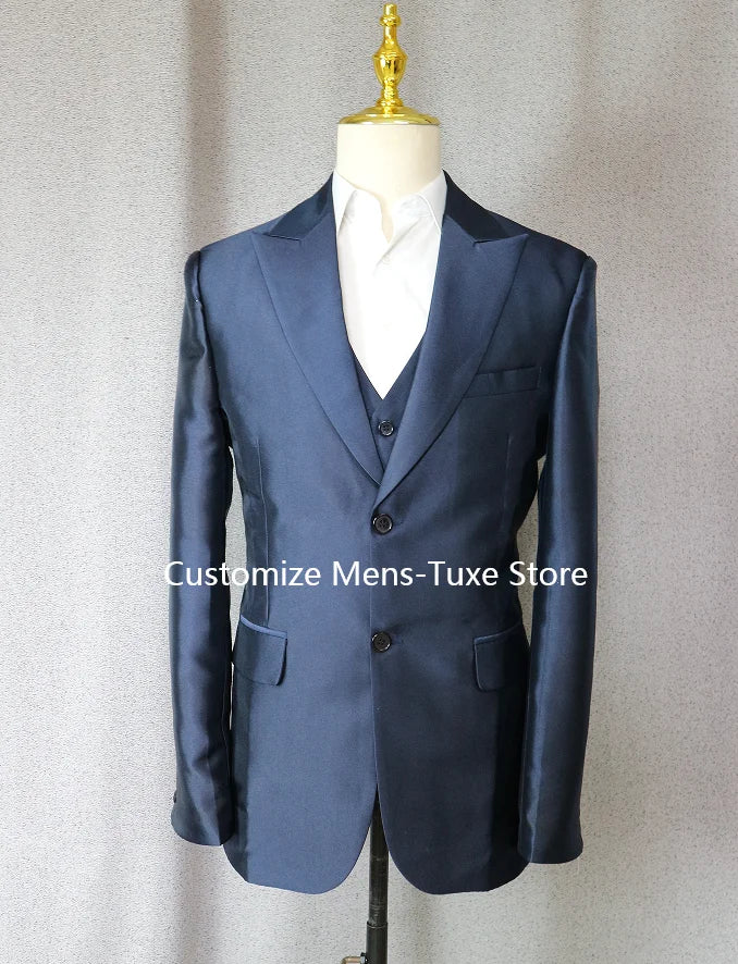 2024 Fashion Casual Custom Made Groom Tuxedo Navy Blue Peak Lapel Wedding/Prom Best Man Suits Bridegroom (Jacket+Pants+Vest)