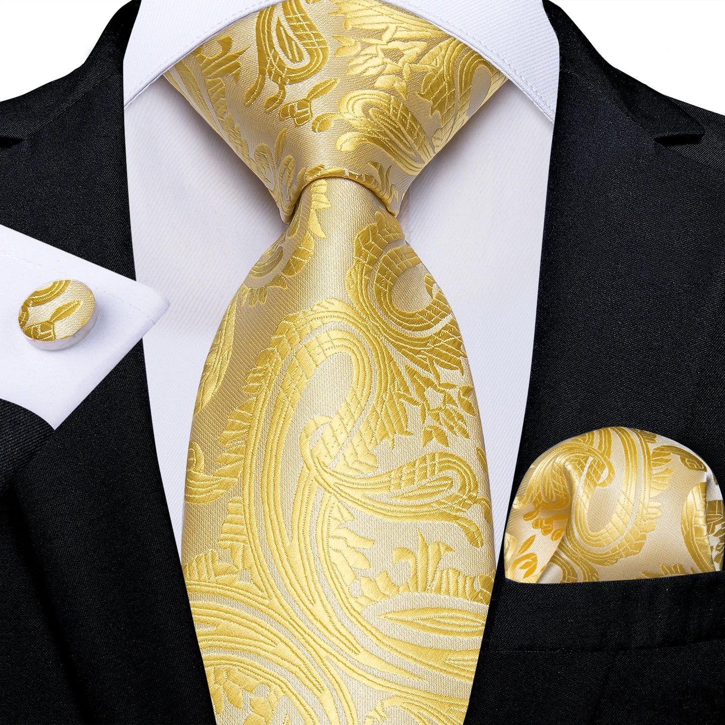 Brand New 2025 Mens Tie 100% Silk Classic Jacquard Woven 8cm Gold Yellow Formal Business Wedding Neck Tie Pocket Square Set Suit Cravat