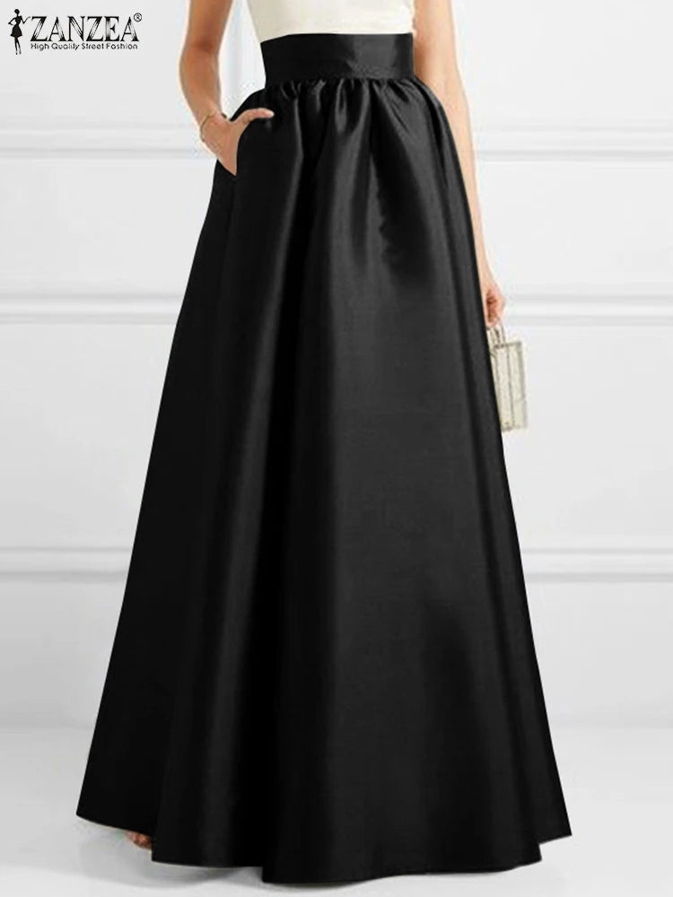 Summer 2024 High Waist Solid A-line Maxi Skirt ZANZEA Fashion Women Party Long Skirts Casual Jupe Elegant OL Work Satin Faldas Saia