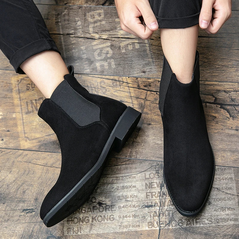 Trendy Brand 2025 British Style Men Boots High Top Slip On Suede Leather Ankle Boots Spring Autumn New Chelsea Boots Men Casual Shoes