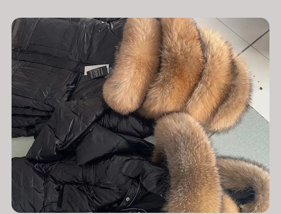 Amazony 2024- 2025 Women Winter Black Loose Long Down Jacket Real Fox Fur Collar Hooded Fashion Waterproof Female Extra Large Coat