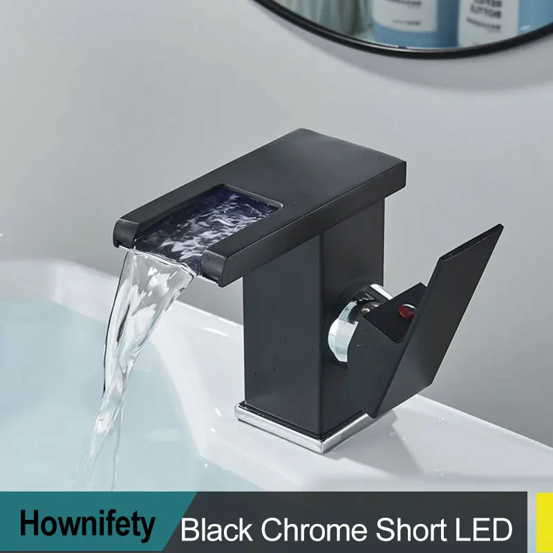Brass LED Waterfall Bathroom Basin Faucet Deck Mount Cold Hot Water Mixer Crane Tap Short or Tall Tapware Water Flow Motor Free shipping