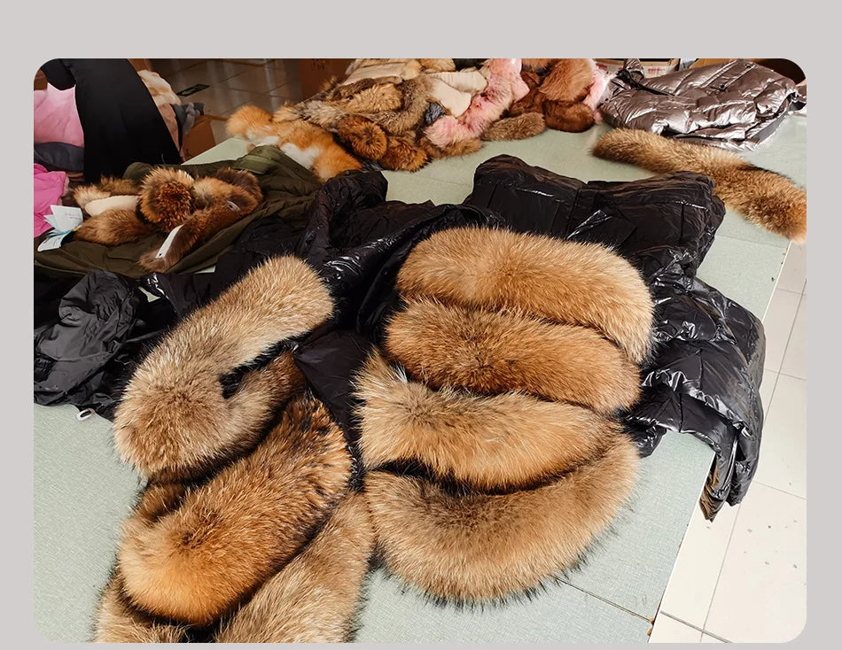 Amazony 2024- 2025 Women Winter Black Loose Long Down Jacket Real Fox Fur Collar Hooded Fashion Waterproof Female Extra Large Coat