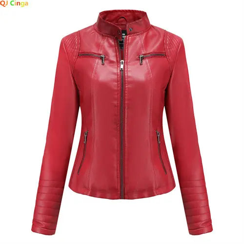 Bright Red V-neck Leather Jacket Women's, Fashion Slim PU Coat, Black Short Outerwear Size XS S M L XL XXL