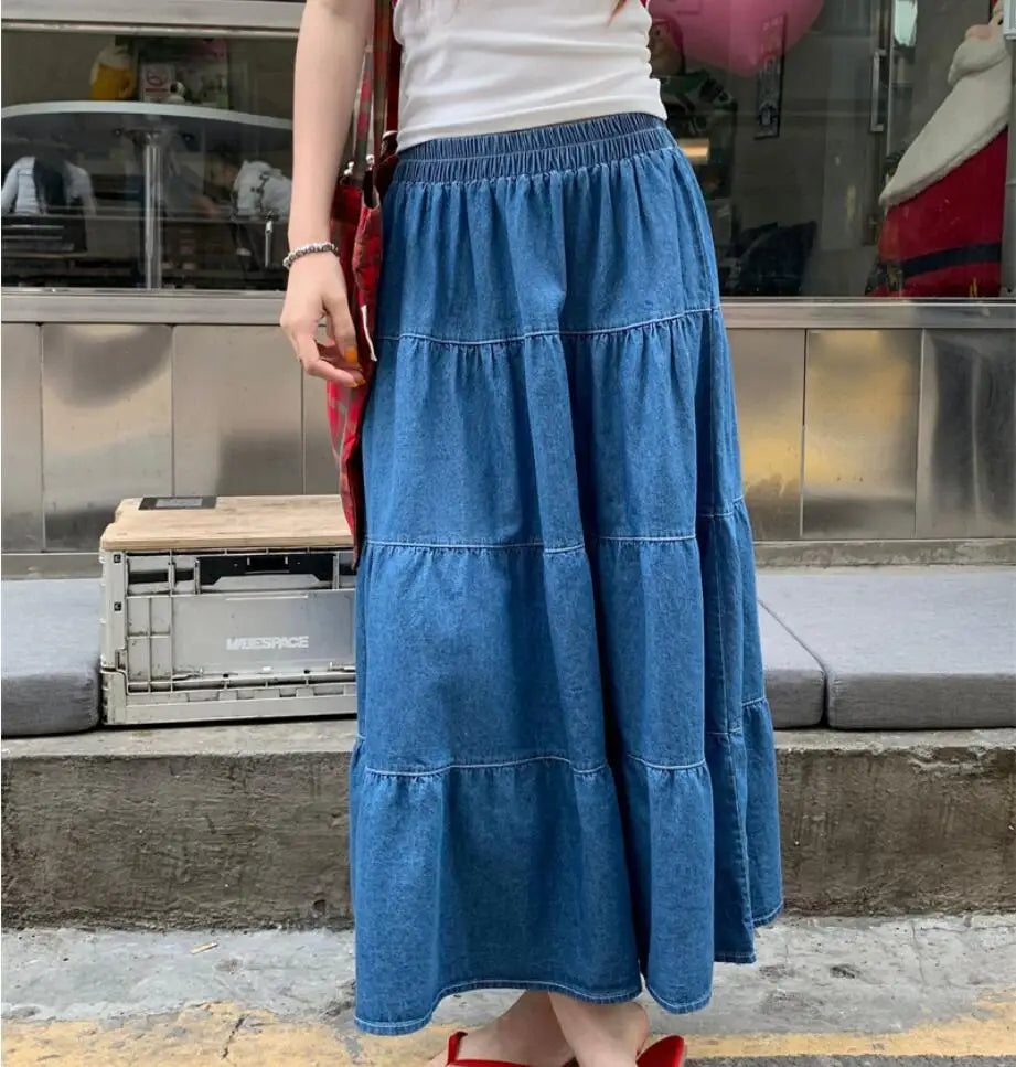 Vintage Women Denim Skirts Long Denim Layered Ladies 2024 Summer A-Line Loose Casual Elastic High Waist Midi Jeans Skirt L985