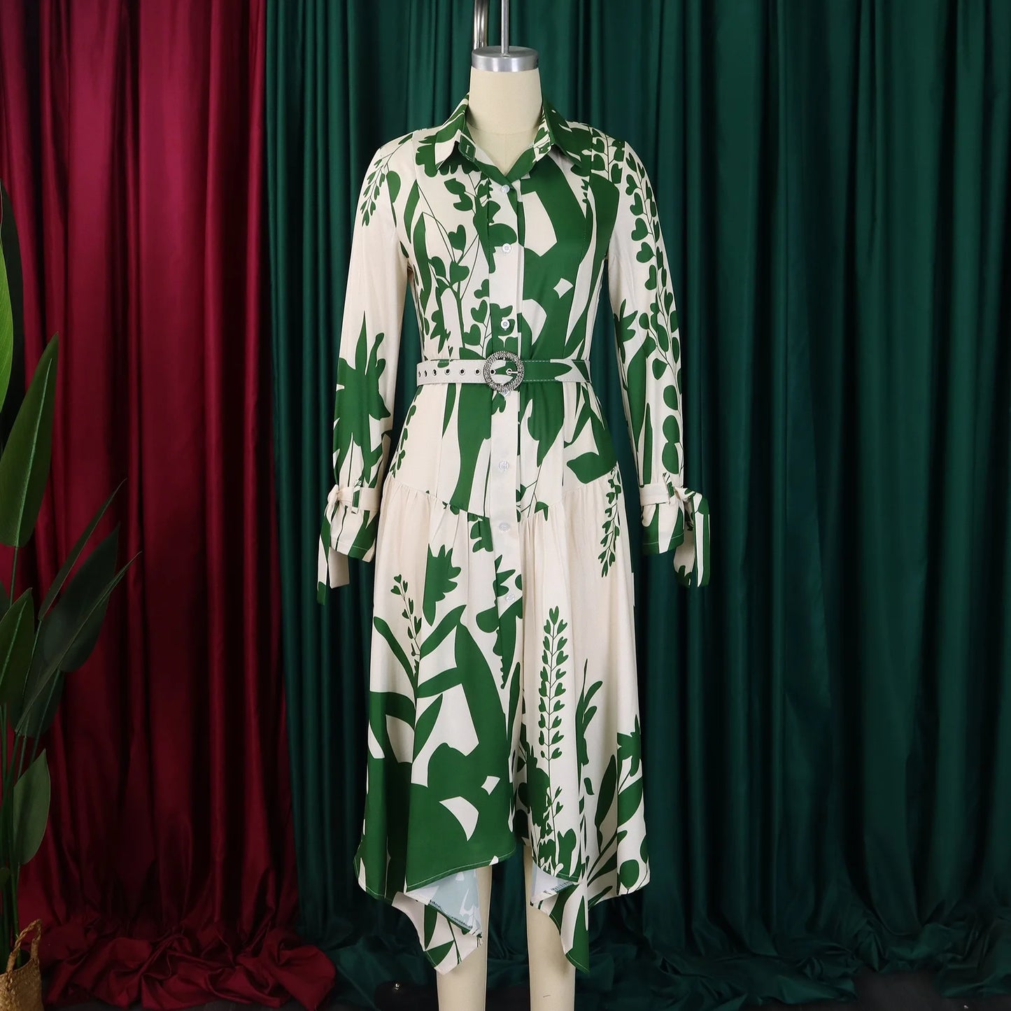 Brand New collections 2024-2025 Elegant Shirts Dresses for Women Printed Turn Down Collar Full Sleeve Belt Waisted Asymmetric Fashion Ladies Birthday Vestidos