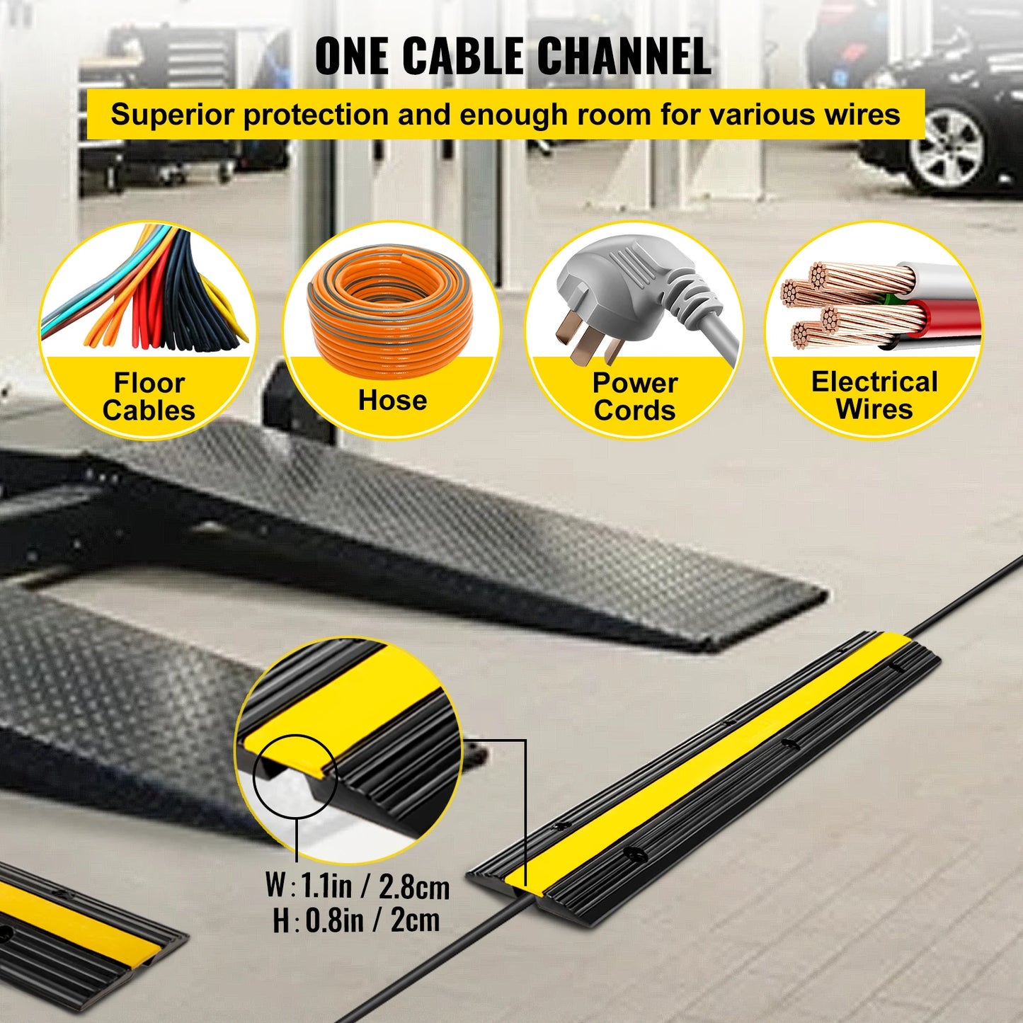 VEVOR Modular Rubber Speed Bump 1 Channel Driveway Cable Protector Ramp Wire Cover Cord Guard for Parking Lot Warehouses Traffic