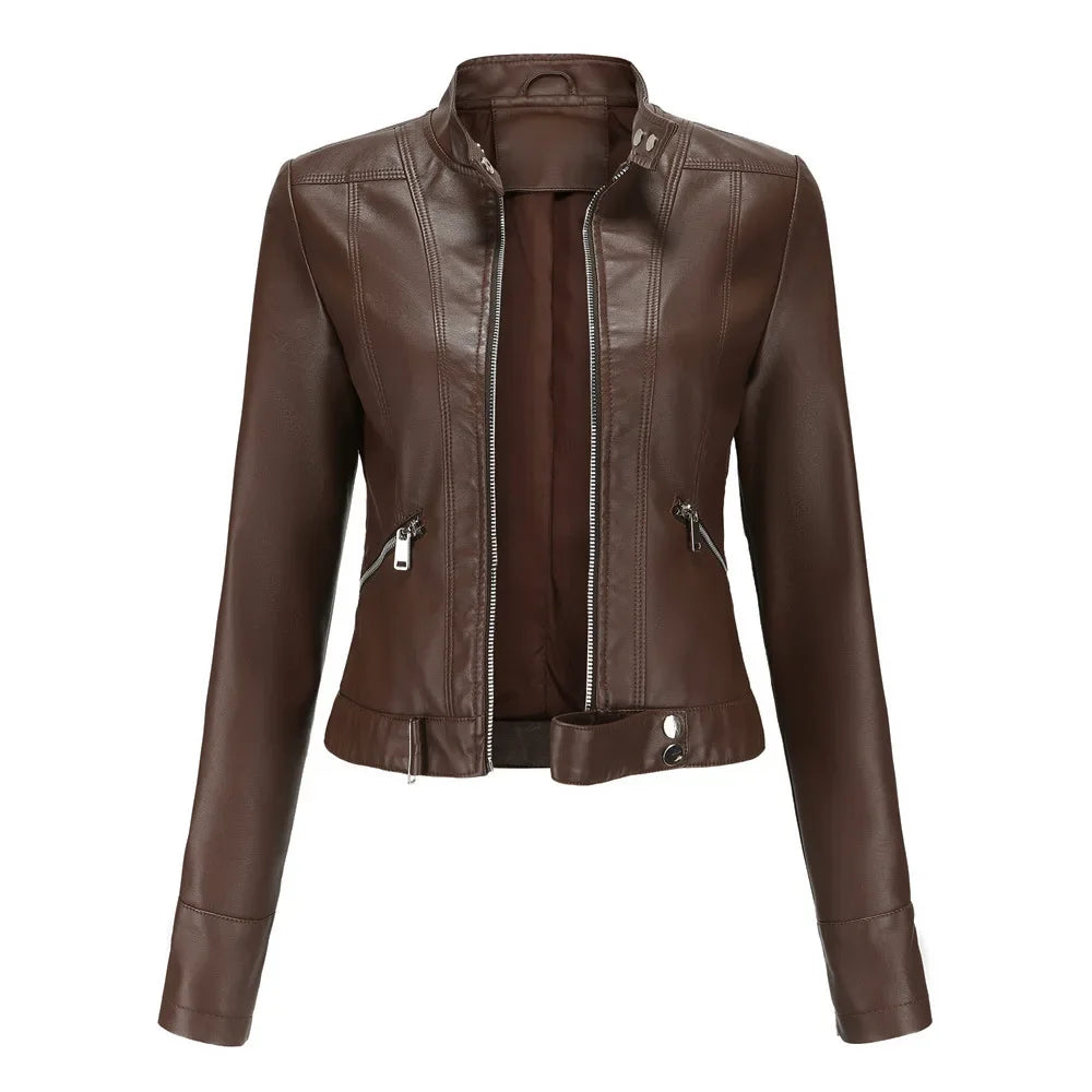 Spring Autumn Stand Collar Ladies Thin Leather Outerwear 2024 New Style Women's Leather Jacket Short Slim Fit