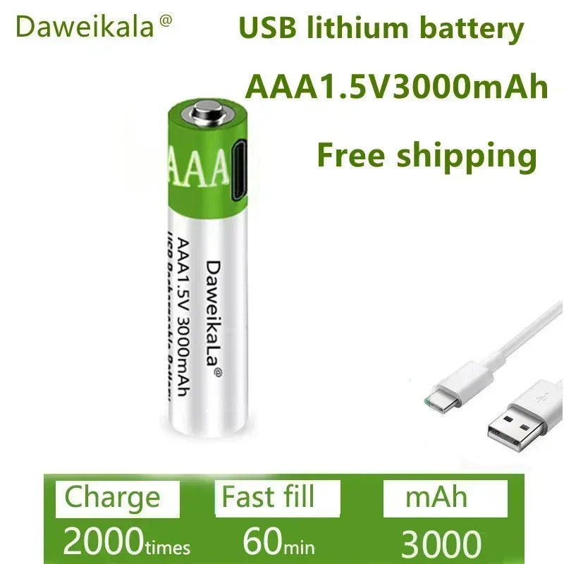 USB AAA Rechargeable Batteries 1.5V 3000mAh li-ion battery for remote control mouseElectric toy battery + Type-C Cable