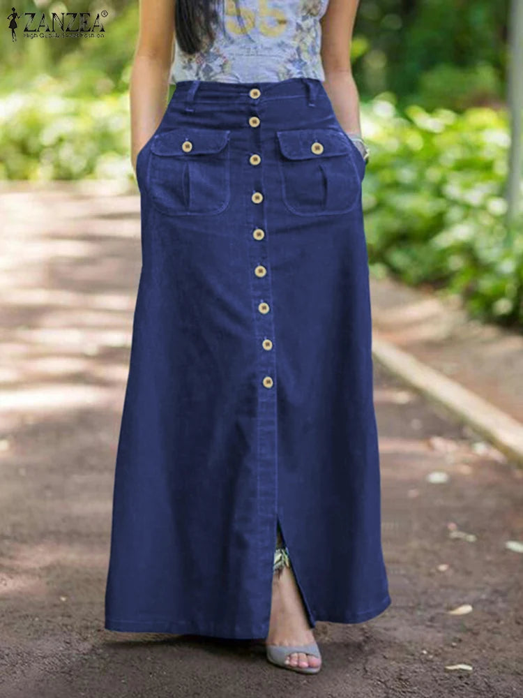 ZANZEA Women Denim Blue Maxi Skirt Vintage Skirts 2024 Summer Casual Solid Holiday Bottoms Lady A-line Button Up Skirt Oversized