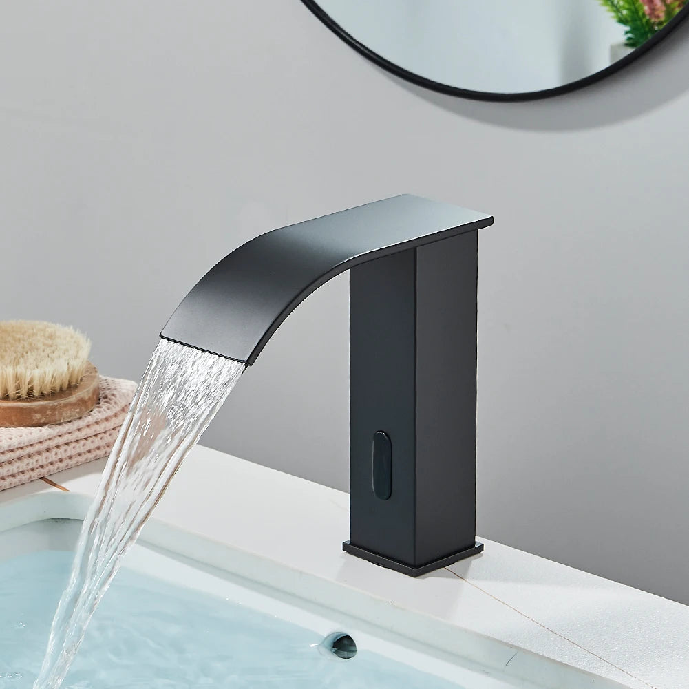 Rozin Black Smart Sensor Bathroom Basin Faucet Touchless Automatic Sense Mixer Tap Waterfall Hot Cold Water Washbasin Crane FREE SHIPPING