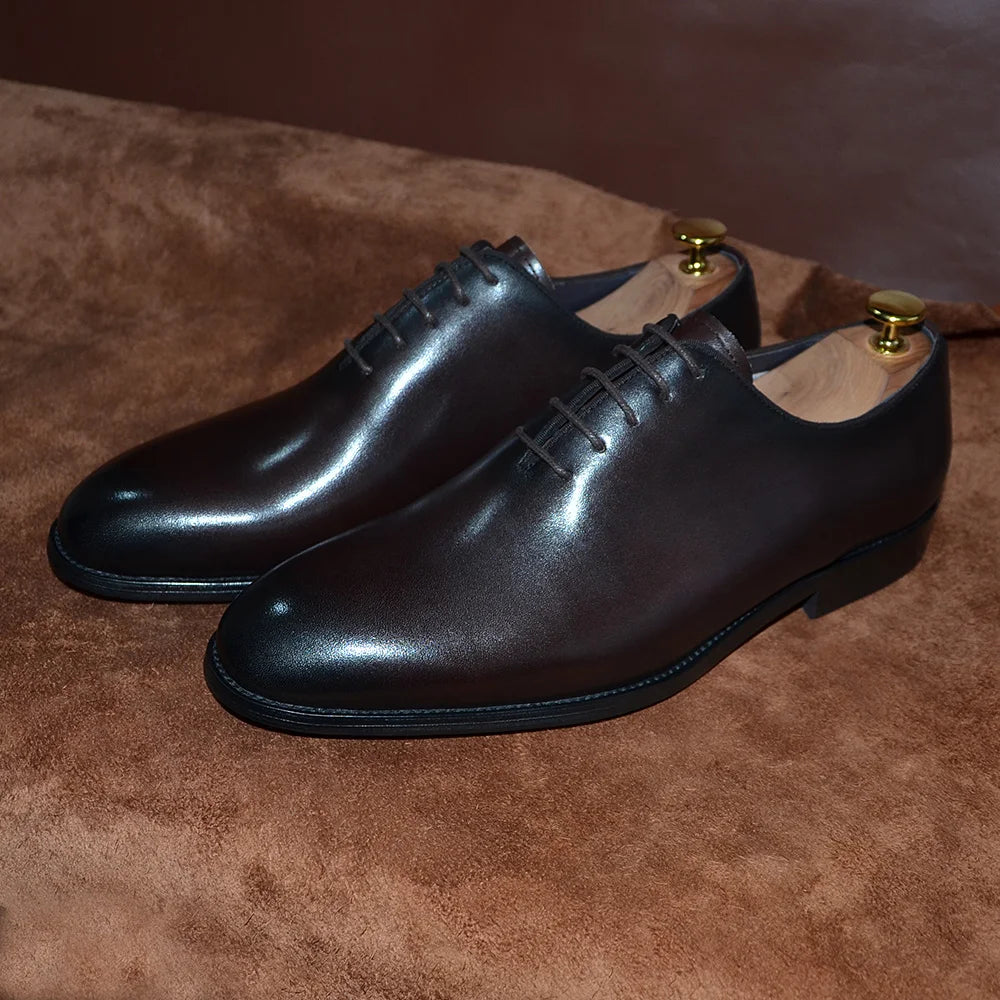 Brand Designer Whole Cut Oxford Dress Shoes Men Genuine Leather Handmade Lace Up Plain Toe Business Office Formal Wedding Shoe