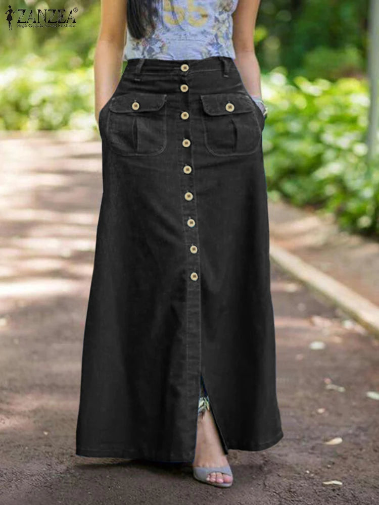 ZANZEA Women Denim Blue Maxi Skirt Vintage Skirts 2024 Summer Casual Solid Holiday Bottoms Lady A-line Button Up Skirt Oversized