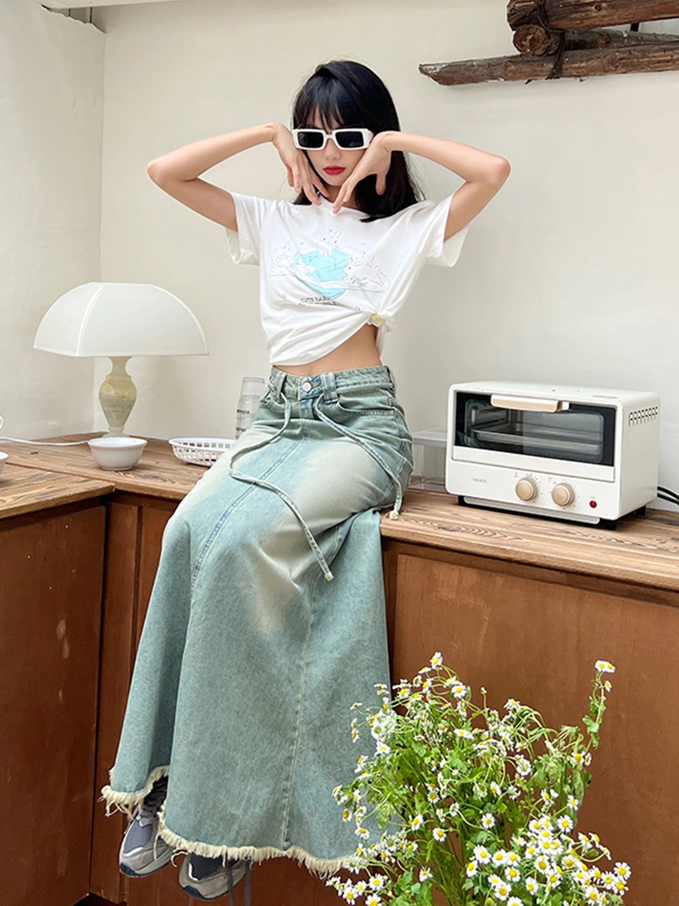 REDDACHiC 90s Retro Green Wash Long Jeans Fishtail Skirt Women Bandage High Waist Frayed Denim Maxi Skirt Y2k Streetwear