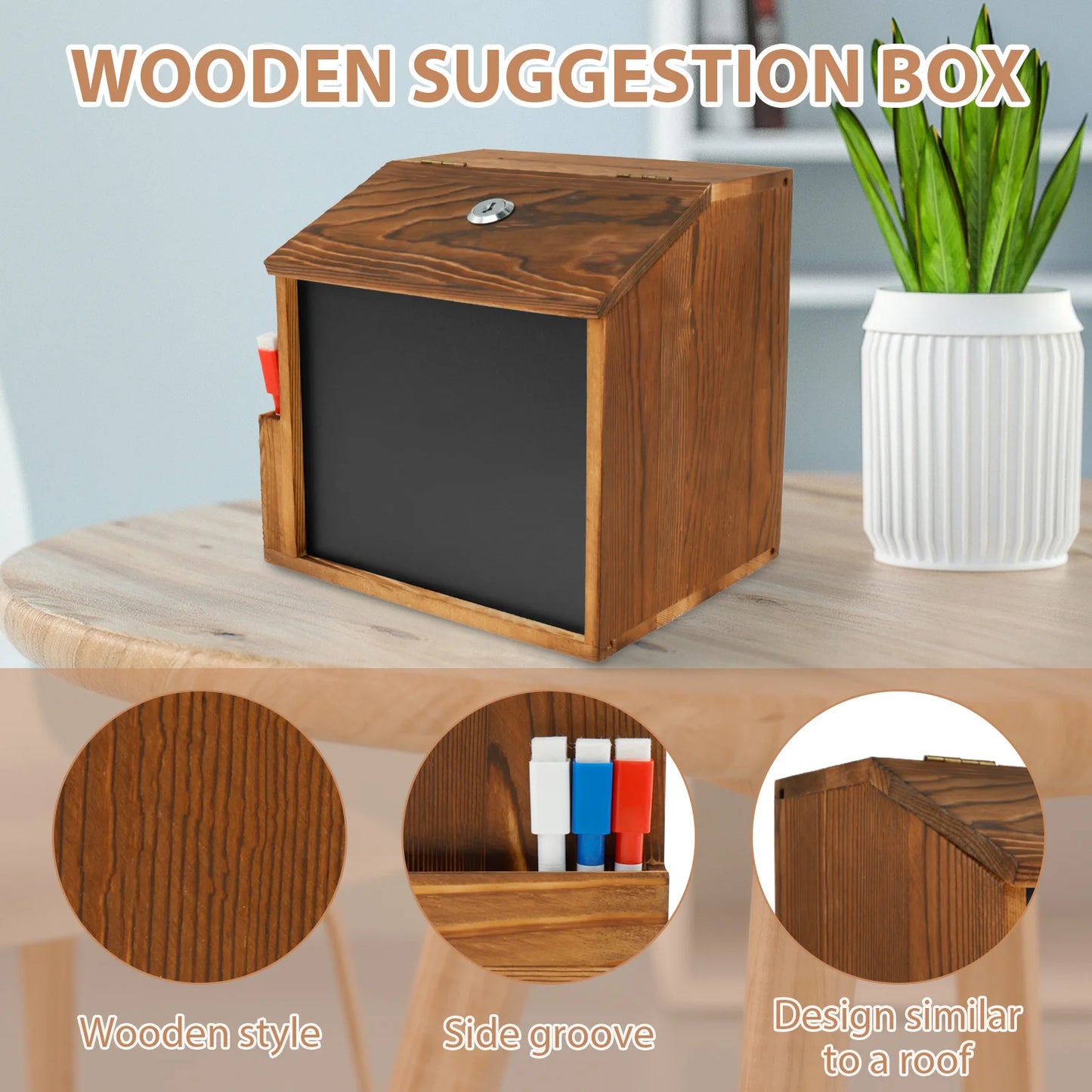 Wood Suggestion Box Wall Mounted Ballot Box Vintage Donation Box with Slot, Lock,Chalkboard Multifunctional for Church Wedding