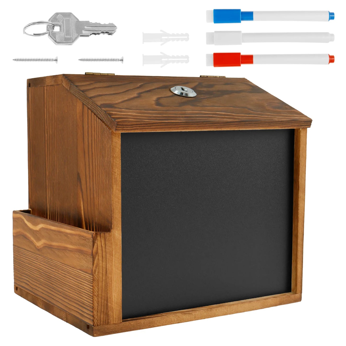 Wood Suggestion Box Wall Mounted Ballot Box Vintage Donation Box with Slot, Lock,Chalkboard Multifunctional for Church Wedding