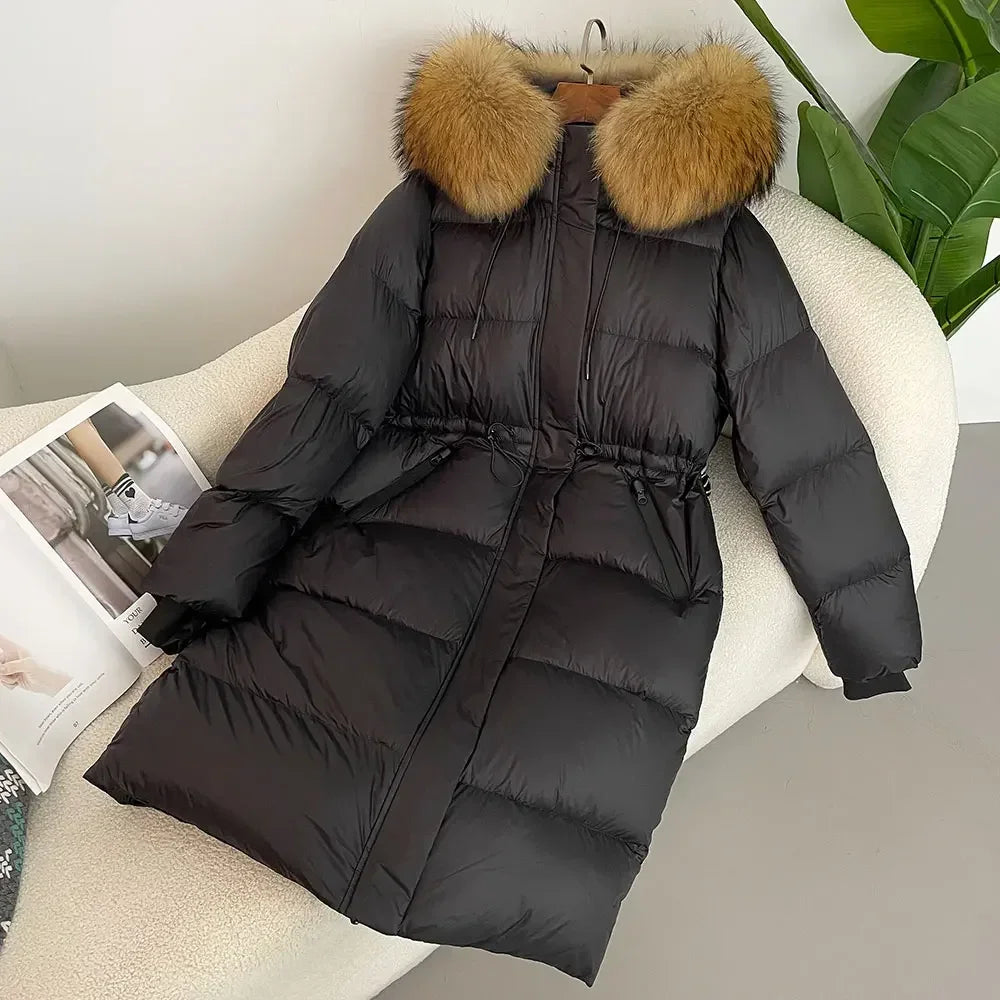 2024 - 2025 Winter New White Duck Down Real Fox Fur Real Raccoon Fur Long Hooded Coat Women Slim Warm Jacket Female Casual Fashion