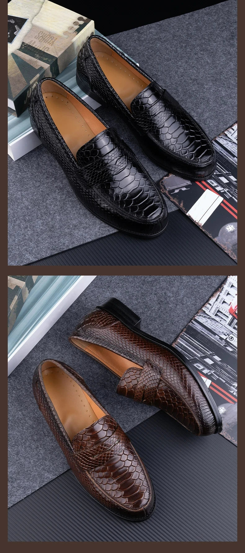 New Collection 2024-2025 Snake Printing Leather Men Shoes Loafers Design Slip on Daily Casual Shoe Genuine Cowhide Handmade Sewing Comfortable Dress Shoe