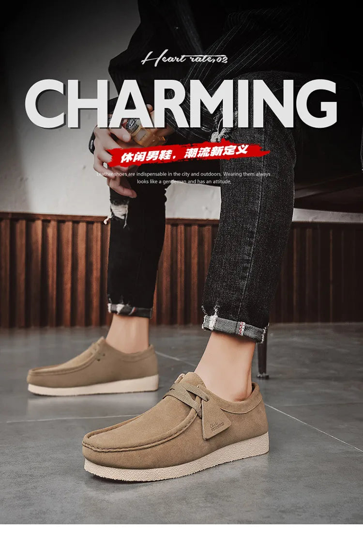 2025 New Suede Casual Shoes For Men Khaki Leather Loafers Slip-on Men's Shoes Lightweight Driving Shoes Men chaussure hommes
