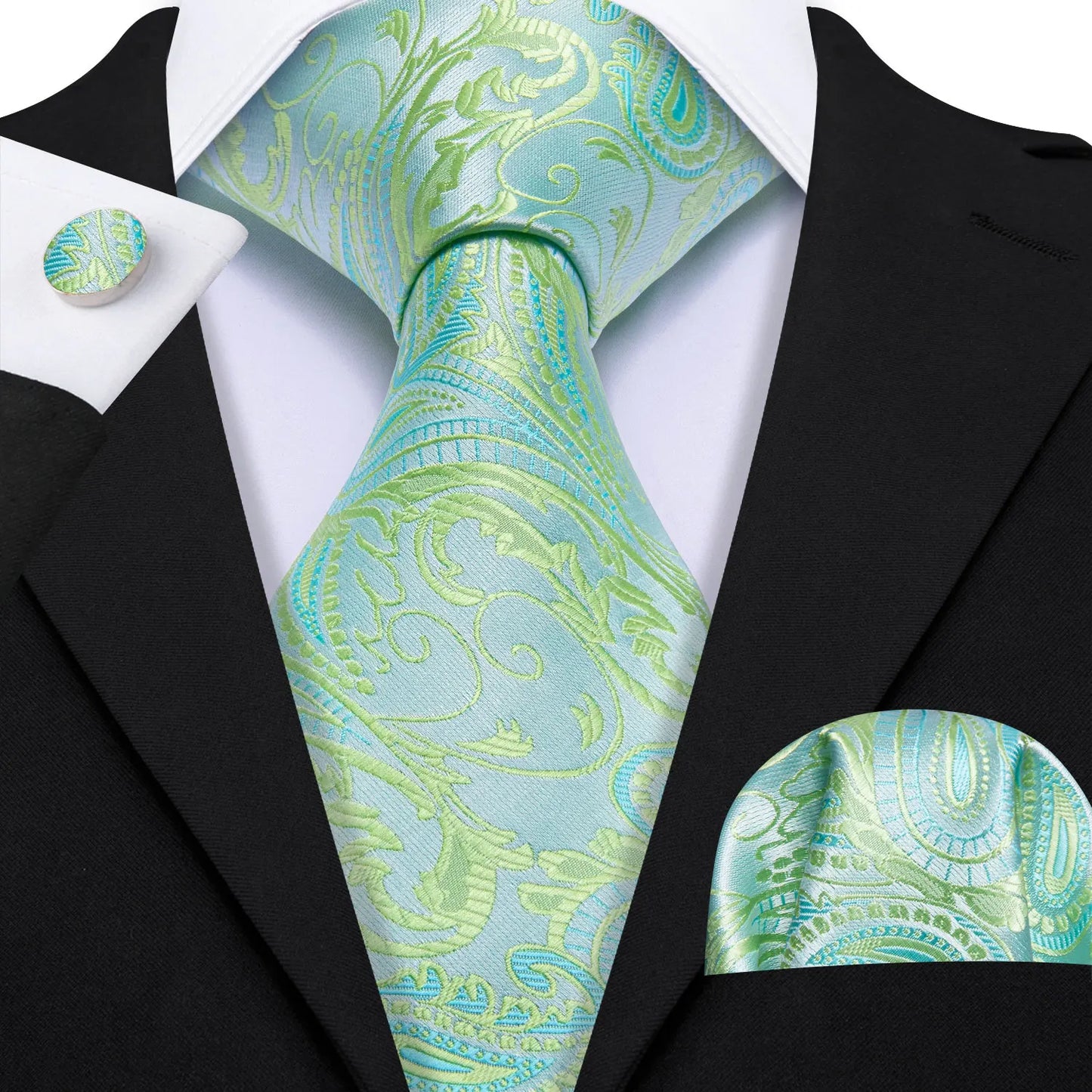 Amazony Epic Green Silk Mens Tie Hanky Cufflinks Set Mint Grass Teal Bottle Sage Pea Green Necktie For Male Wedding Business Party