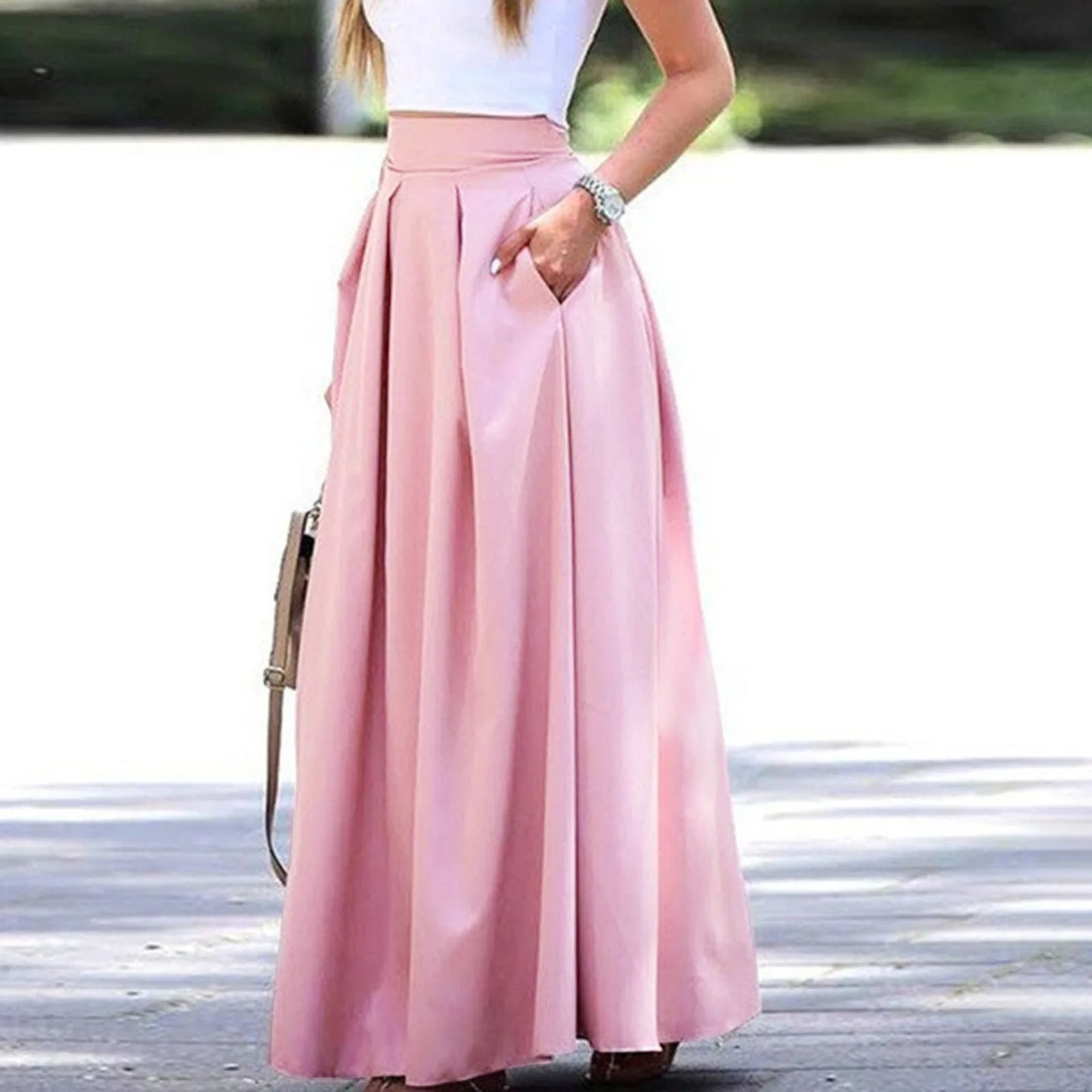 Women's Large Solid Women Satin Silk Long Skirts Cotton Solid Elegant Loose Sundress Femme Elastic Waist Oversized Casual Dresse