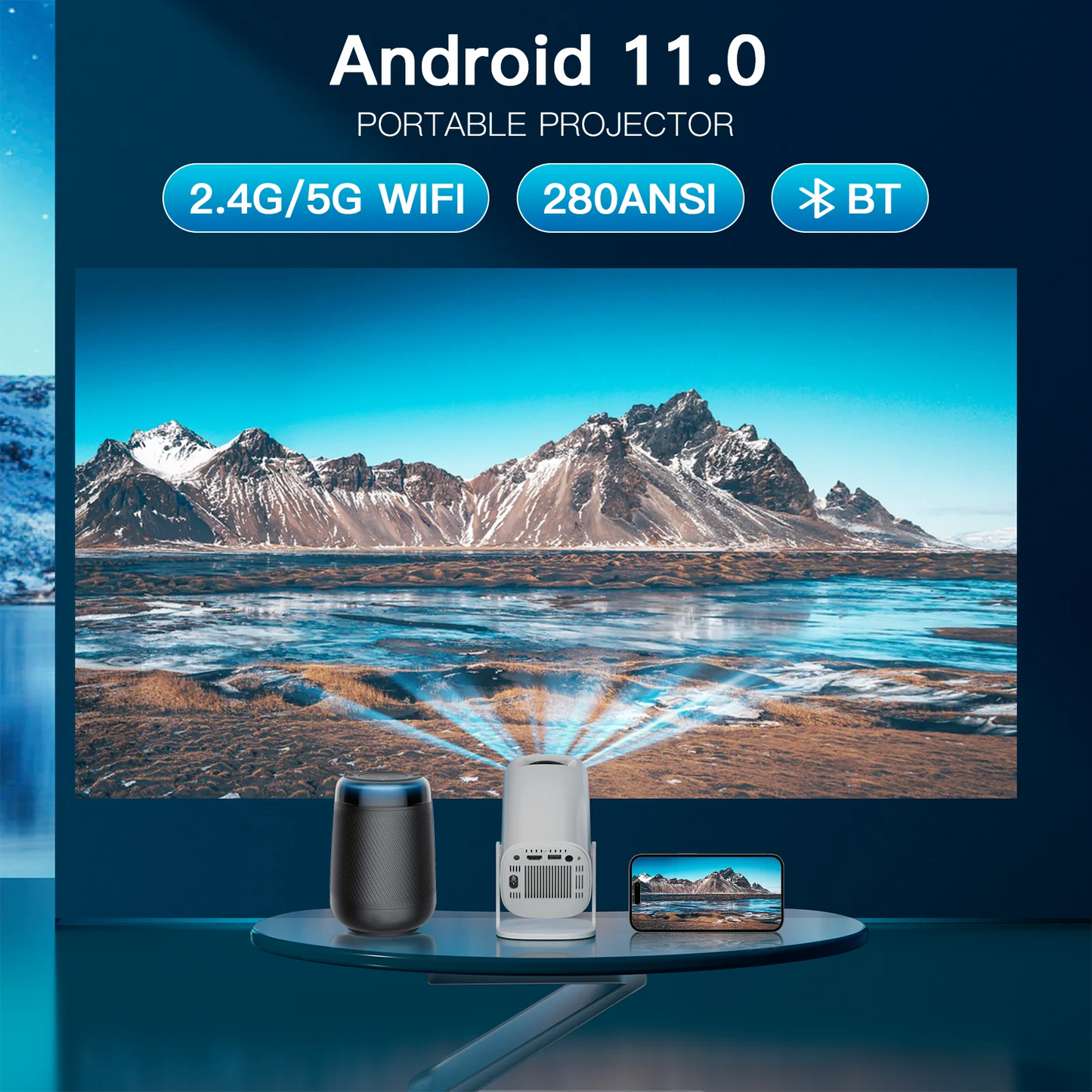 Android 11 Smart Mini Projector with WiFi 6 & Bluetooth - Portable 2.4G/5.8G Pocket Projector for Outdoor Entertainment