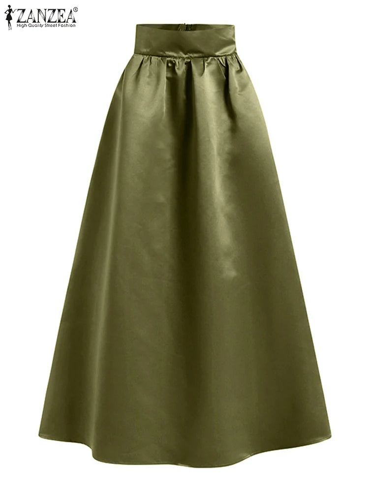 Summer 2024 High Waist Solid A-line Maxi Skirt ZANZEA Fashion Women Party Long Skirts Casual Jupe Elegant OL Work Satin Faldas Saia