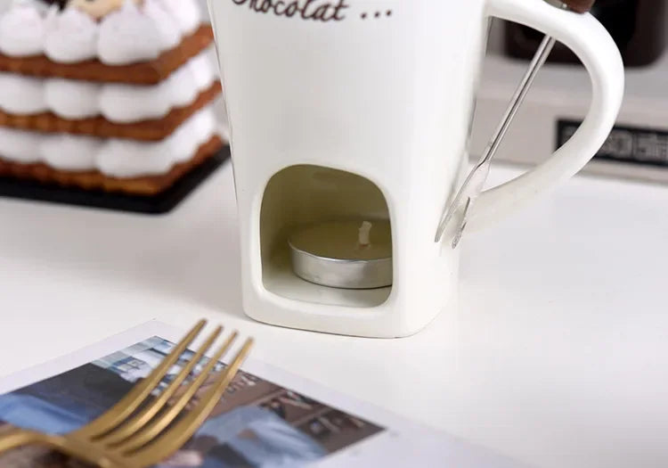 Ceramic Chocolate Cup European Candle Cup Cheese Chocolate Melting Ceramic Mug Heating Food Ceramic Mugwith Fork Creative Mugs