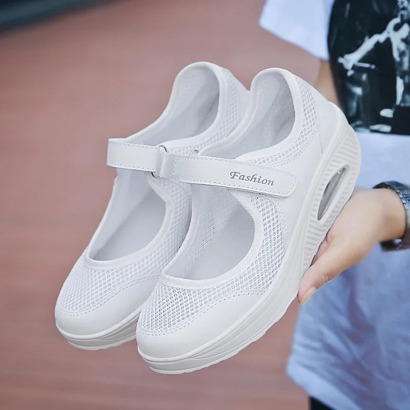 Women Tennis Shoes New Hook Loop Air Cushion Shoe Non-slip Sole Breathable Female Casual Increase Footwear Outdoor Walk Sneakers