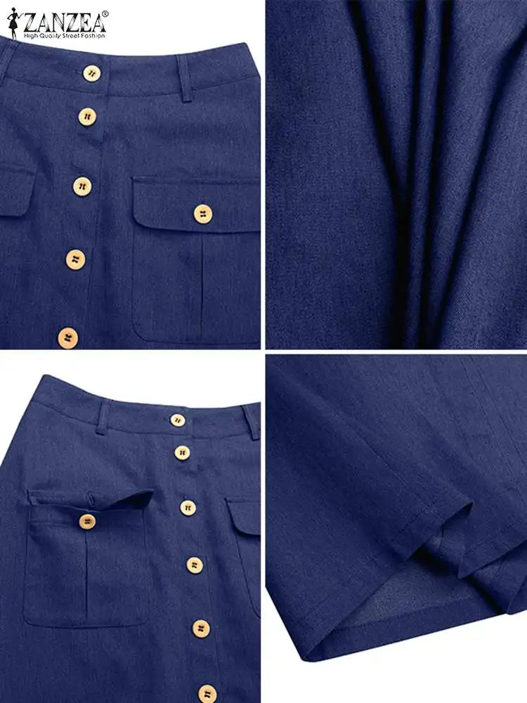 ZANZEA Women Denim Blue Maxi Skirt Vintage Skirts 2024 Summer Casual Solid Holiday Bottoms Lady A-line Button Up Skirt Oversized