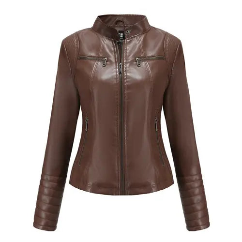 Bright Red V-neck Leather Jacket Women's, Fashion Slim PU Coat, Black Short Outerwear Size XS S M L XL XXL