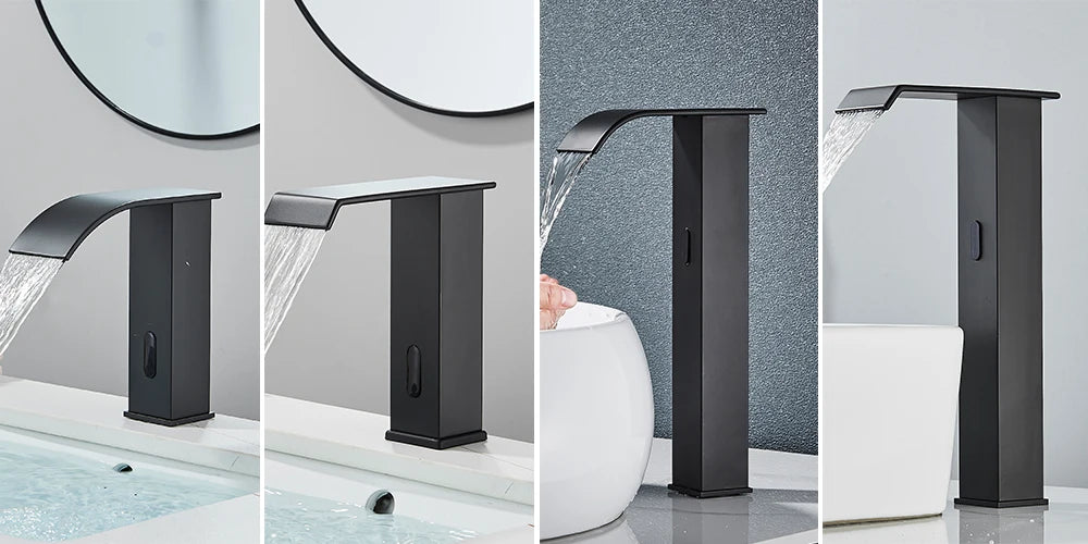 Rozin Black Smart Sensor Bathroom Basin Faucet Touchless Automatic Sense Mixer Tap Waterfall Hot Cold Water Washbasin Crane FREE SHIPPING