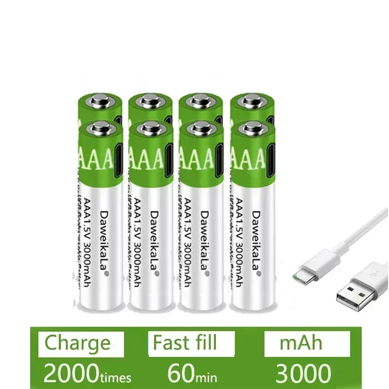 USB AAA Rechargeable Batteries 1.5V 3000mAh li-ion battery for remote control mouseElectric toy battery + Type-C Cable
