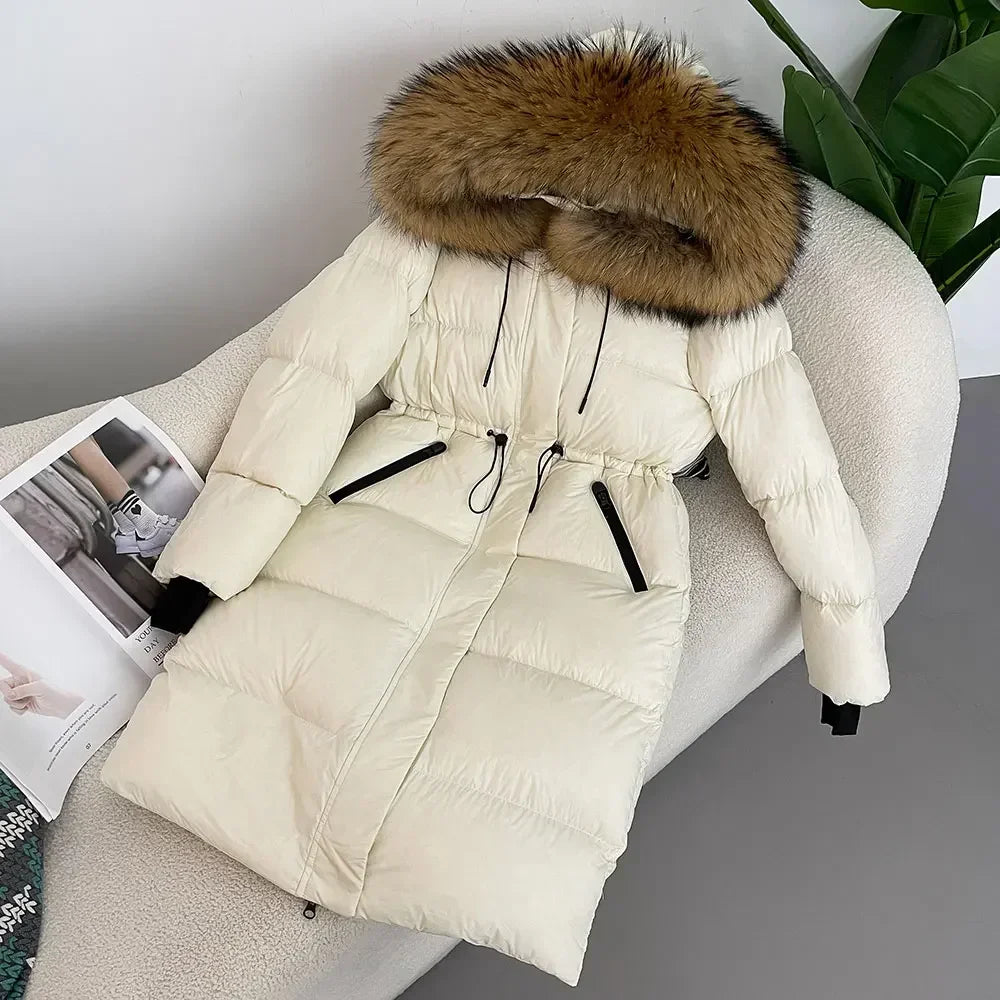 2024 - 2025 Winter New White Duck Down Real Fox Fur Real Raccoon Fur Long Hooded Coat Women Slim Warm Jacket Female Casual Fashion